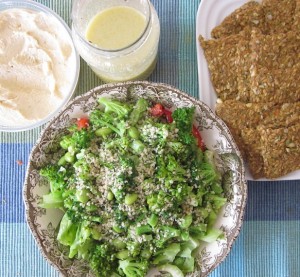 aug 17 lunch - broccoli edamine leaf salad - hummus - flax crackers