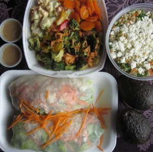 aug 18 lunch salad combo from market - greek quinoa - salad spring roll w peanut sauce - avocado
