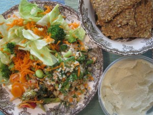 aug 19 12 lunch mixed salads - hummus - flax crackers