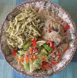 aug 20 12 lunch leftiver green curry veg - basil spinach pesto zucchetti - salad