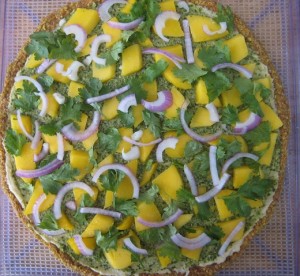 basil pesto pizza wih mango and cilantro