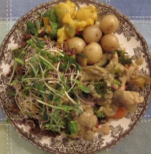Aug 30 dinner Stir Fry Veg with Green Curry - Salad with Nutmeat Sprouts - Baby Potatoes - Mustard Pickles