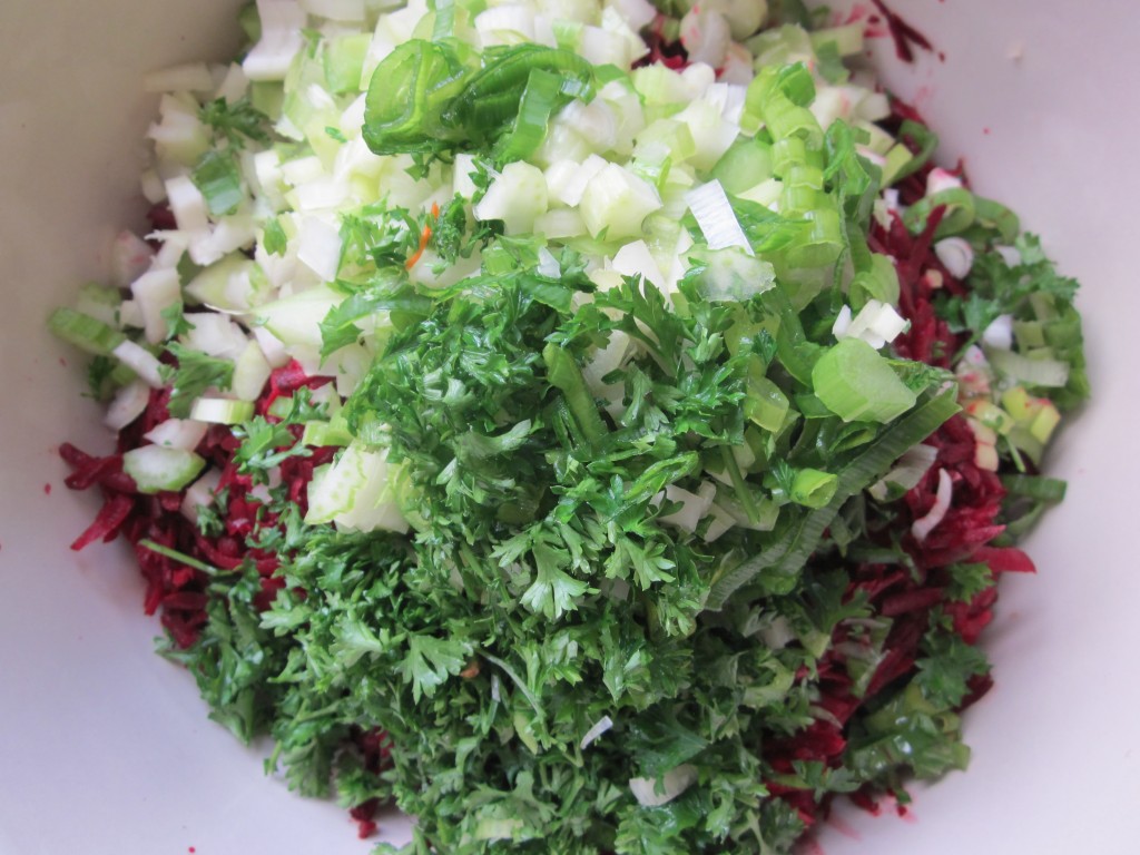 Beet Salad adding chopped vegetables