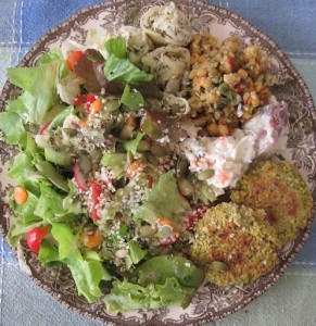 aug 26 12 lunch - leaf salad seeds - 3 salads - falafels hummus