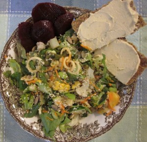 aug 27 dinner - salad with corn broccoli edamine - crackers hummus - beets