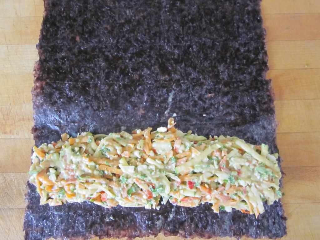 shredded vegetables with avocado mayo on nori sheet