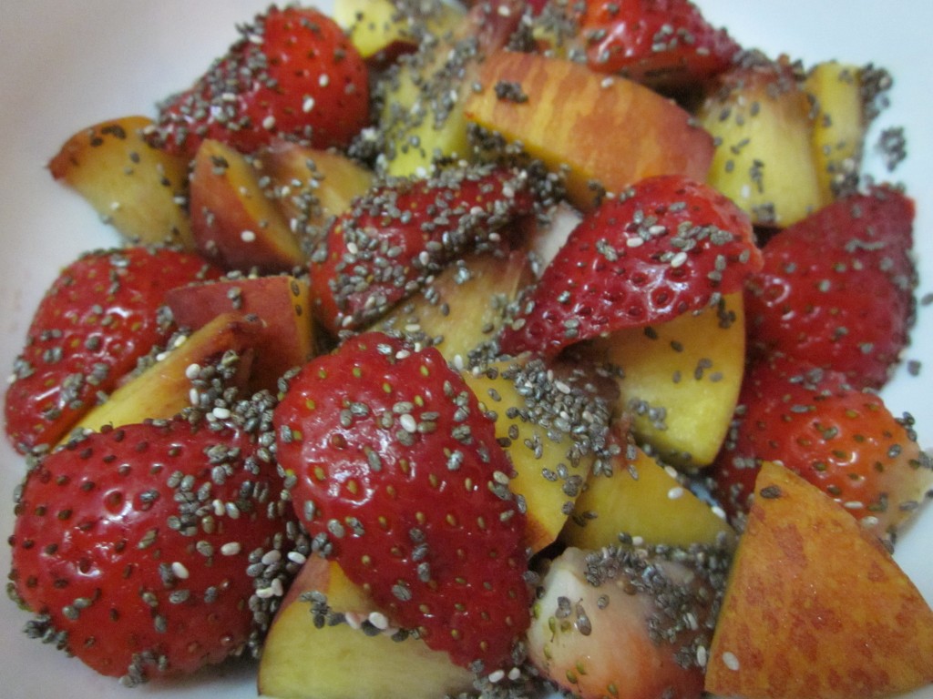 Chia Fruit Bowl with peach and strawberry in bowl