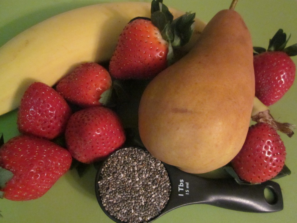 Chia Fruit Bowl with pear banana and strawberry ingredients