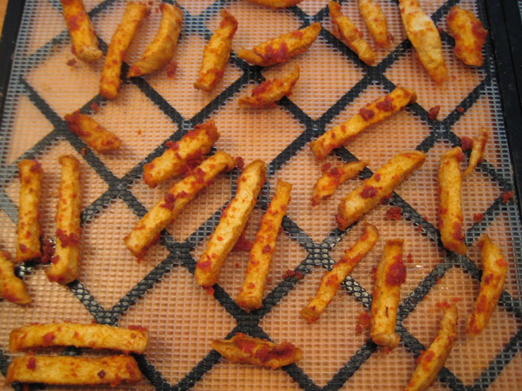 Jicama Fries on mesh screen dehydrated