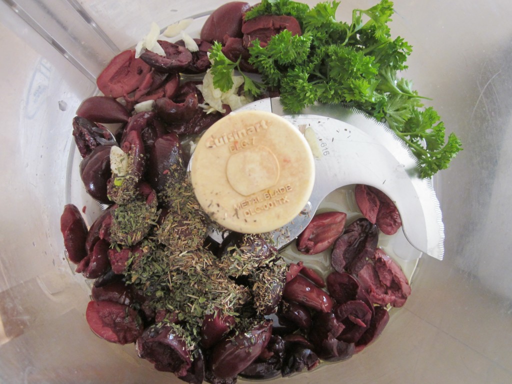 Olive Tapenade ingredients in processor