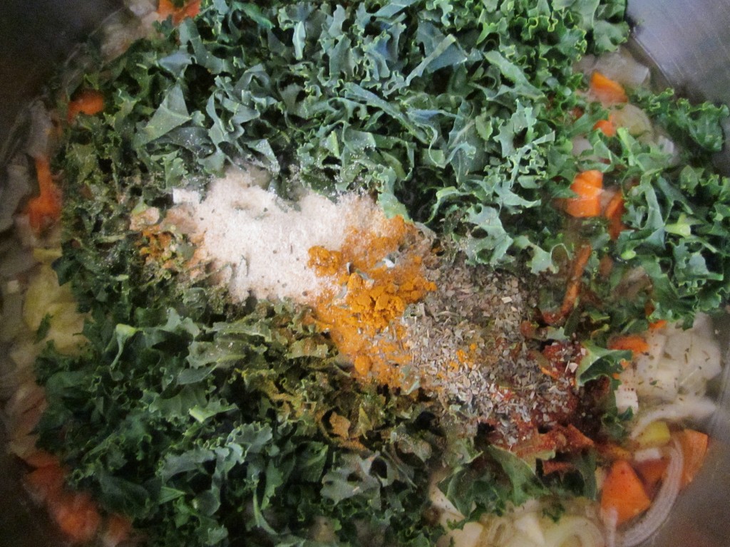 Celriac Leek and Kale Soup Recipe add seasonings and kale