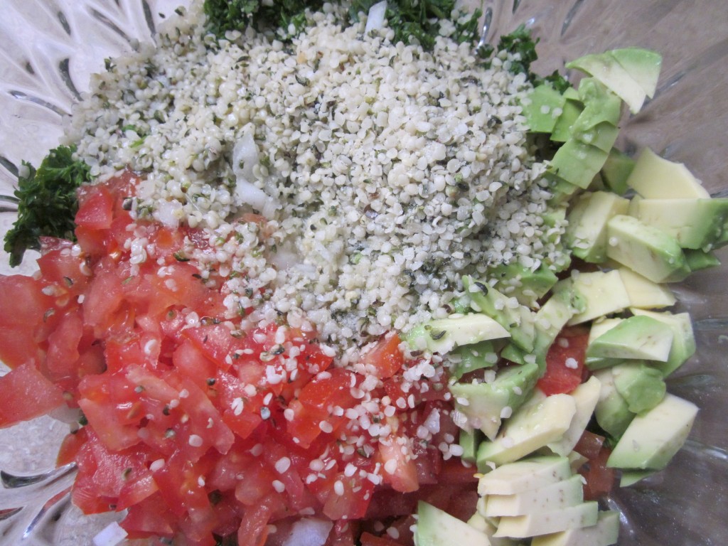 Tabouli Recipe ingredients with veg hemp and dressing