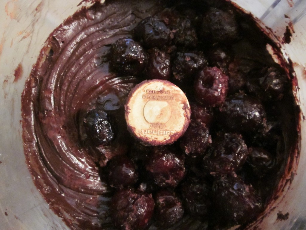 Black Forest Raw Chocolate Ganache Tart Recipe - ganache in processor with cherries