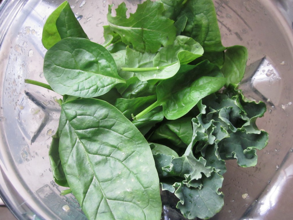 Blended Salad Soup Recipe ingredients and greens in blender