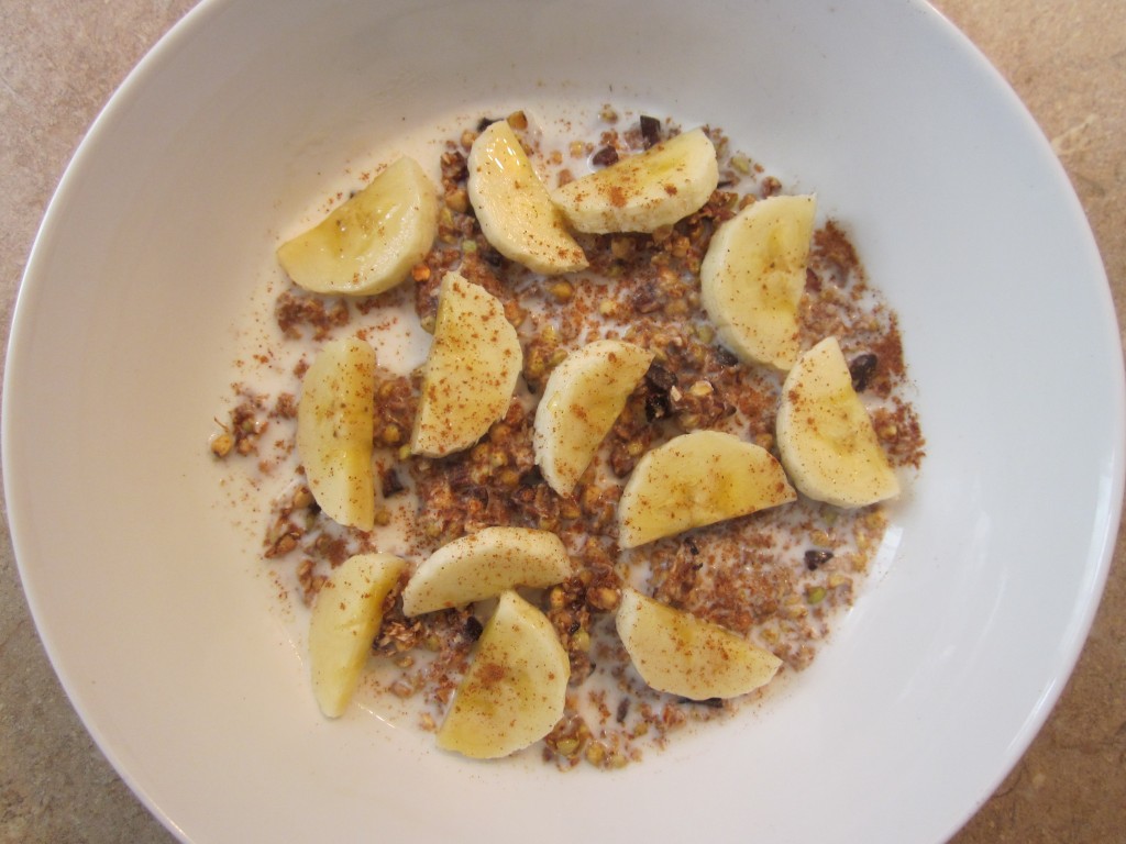 Buckwheaties Raw Cereal - Healthy Breakfast Recipe with almond milk and banana in bowl