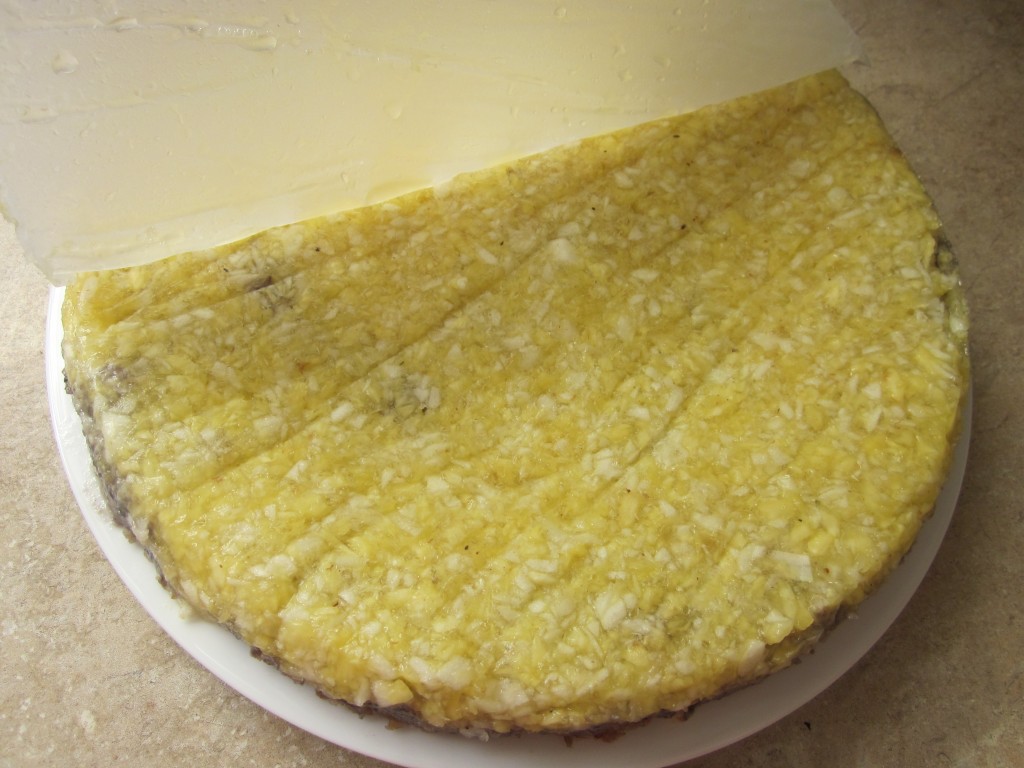 Pineapple Apple Upside Down Cake Recipe - remove parchment