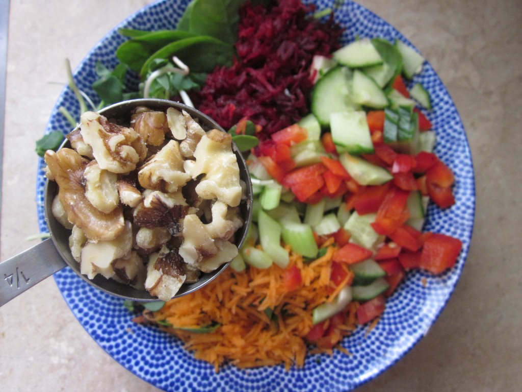 Goddess Layered Salad Recipe - vegetable layer - add walnuts