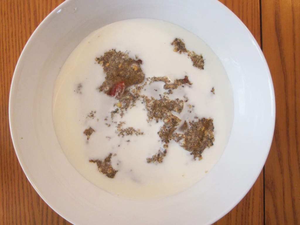 Healthy Breakfast Cereal - Warm Chia Hemp Super Cereal  in a bowl with almond milk