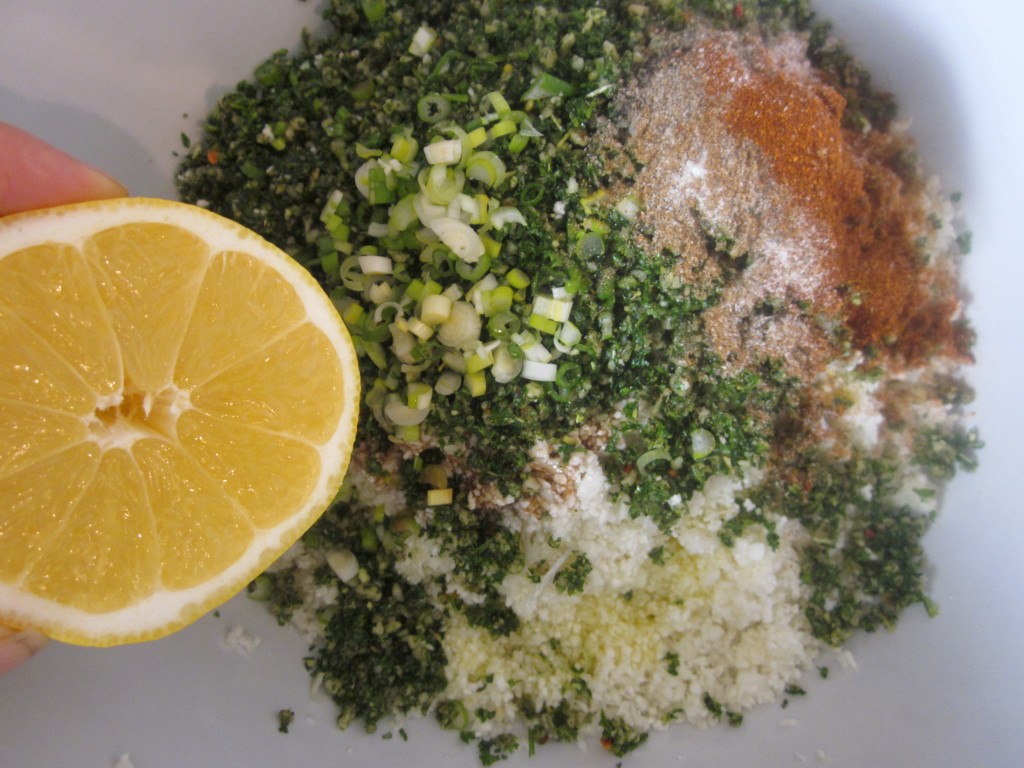 Herbed Cauliflower Couscous Recipe rest of ingredients in bowl with lemon