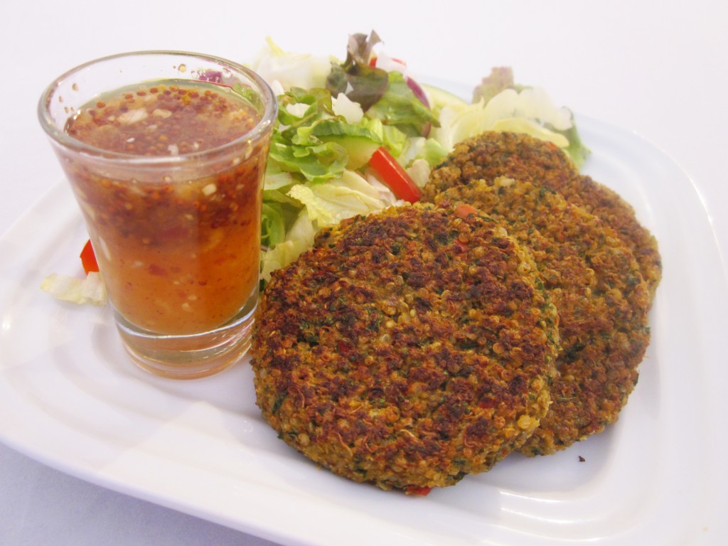 Quinoa Cakes Recipe with Sweet and Hot Lemon Garlic Sauce on the side
