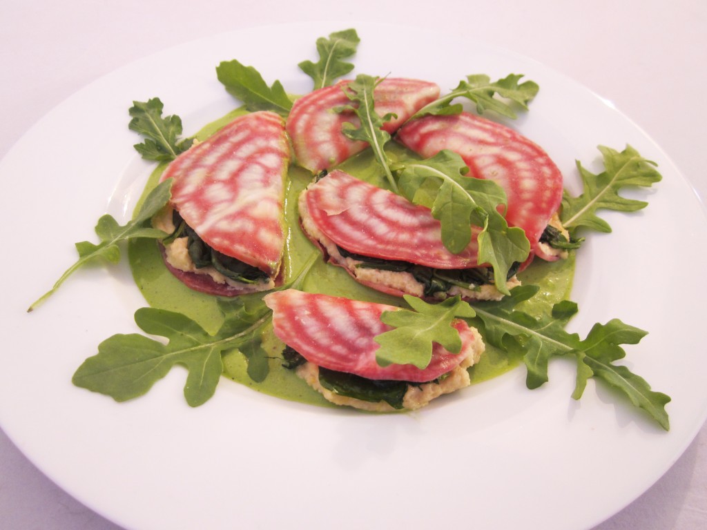 Beet Ravioli with Cashew Cheese, Wilted Spinach and Rocket Sauce 
