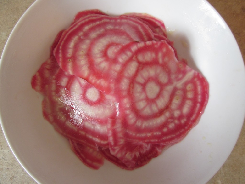 Beet Ravioli with Cashew Cheese, Wilted Spinach and Rocket Sauce - beets marinating