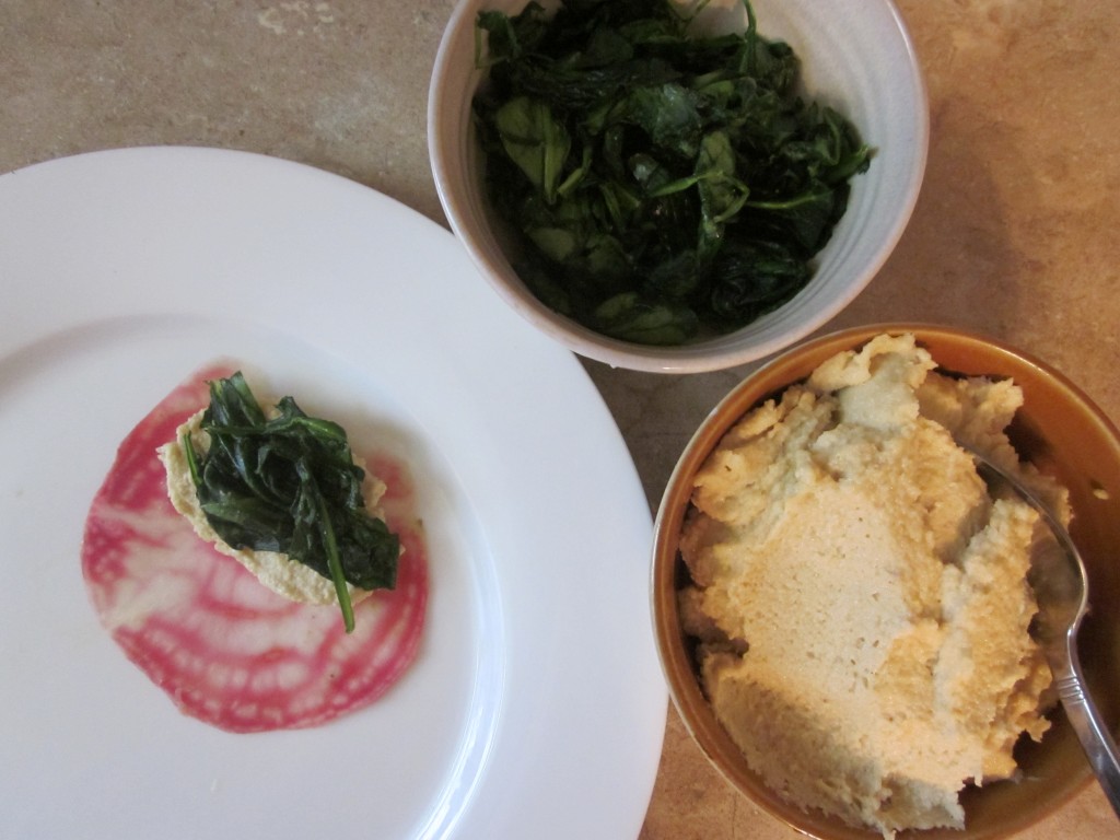 Beet Ravioli with Cashew Cheese, Wilted Spinach and Rocket Sauce ravioli stuffing