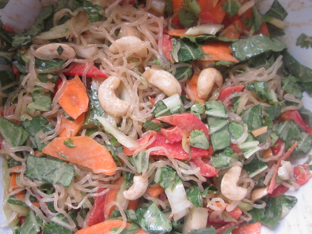 Cold Asian Noodle Salad Recipe with Kelp Noodles mixed in bowl