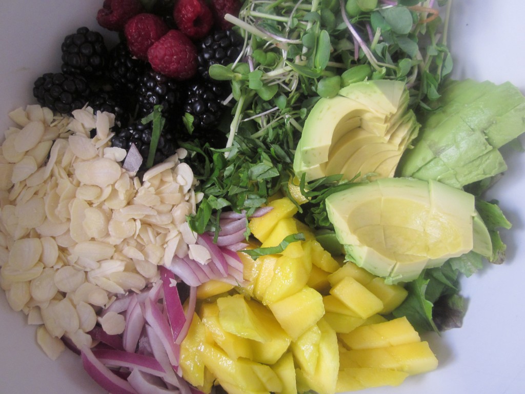 Mango Berry Avocado Salad Recipe with a Light Citrus Dressing ingredients in bowl