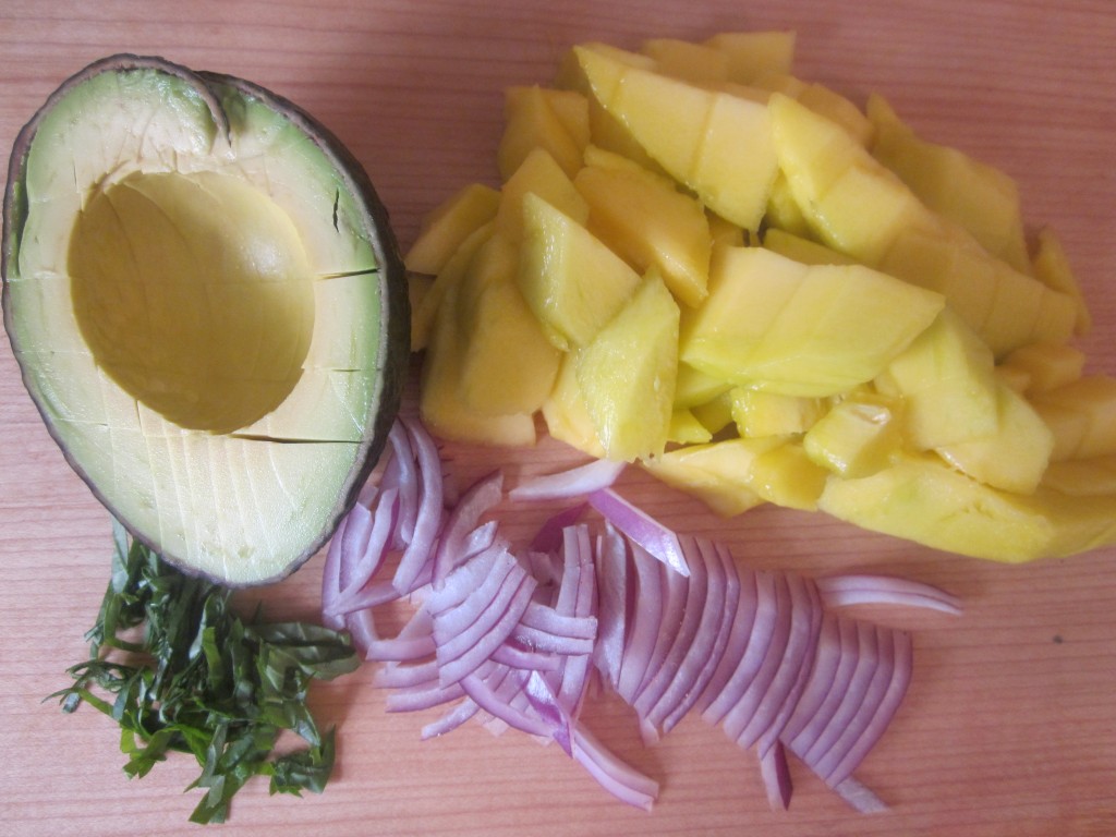 Mango Berry Avocado Salad Recipe with a Light Citrus Dressing ingredients sliced