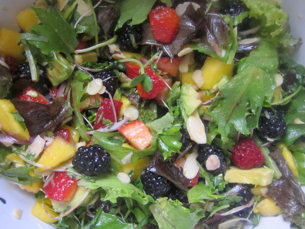 Mango Berry Avocado Salad Recipe with a Light Citrus Dressing mixed in bowl