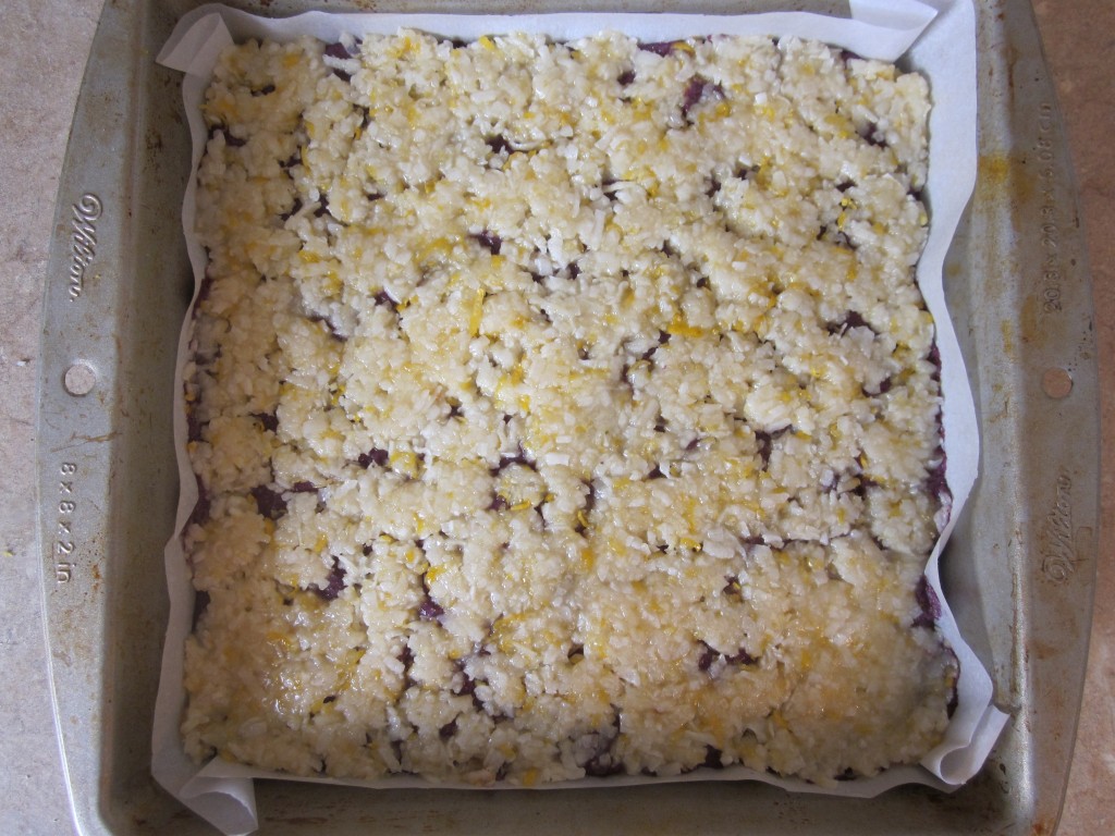 Lemon Blueberry Squares Recipe - blueberry topping pressed down in pan