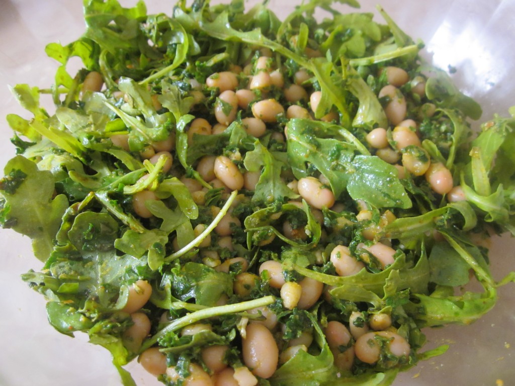 White Beans and Pine Nuts with Arugula and Kale Recipe in bowl