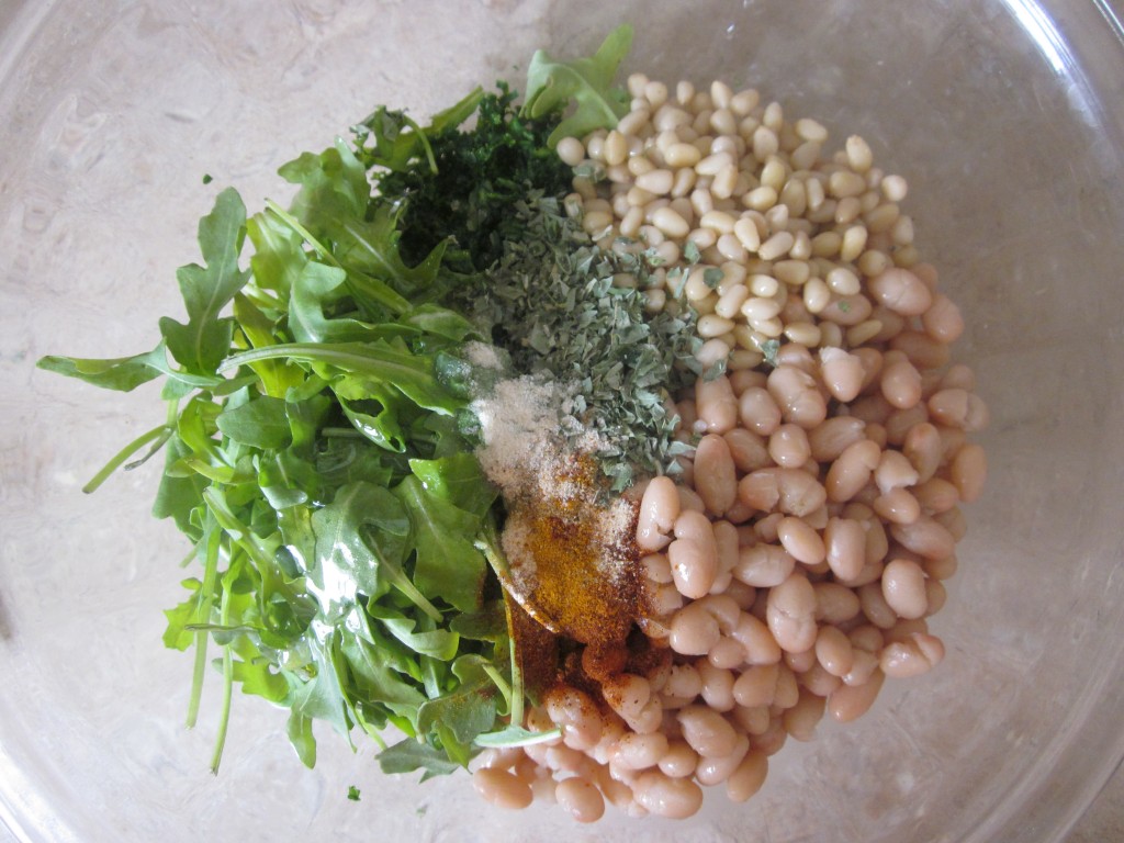 White Beans and Pine Nuts with Arugula and Kale Recipe - ingredients in bowl