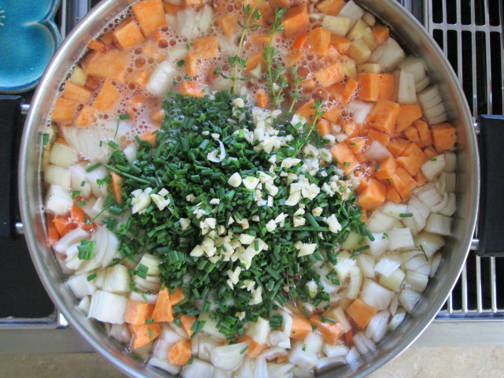 Creamy Sweet Potato Black Eyed Peas Soup Recipe - vegetables and herbs in soup