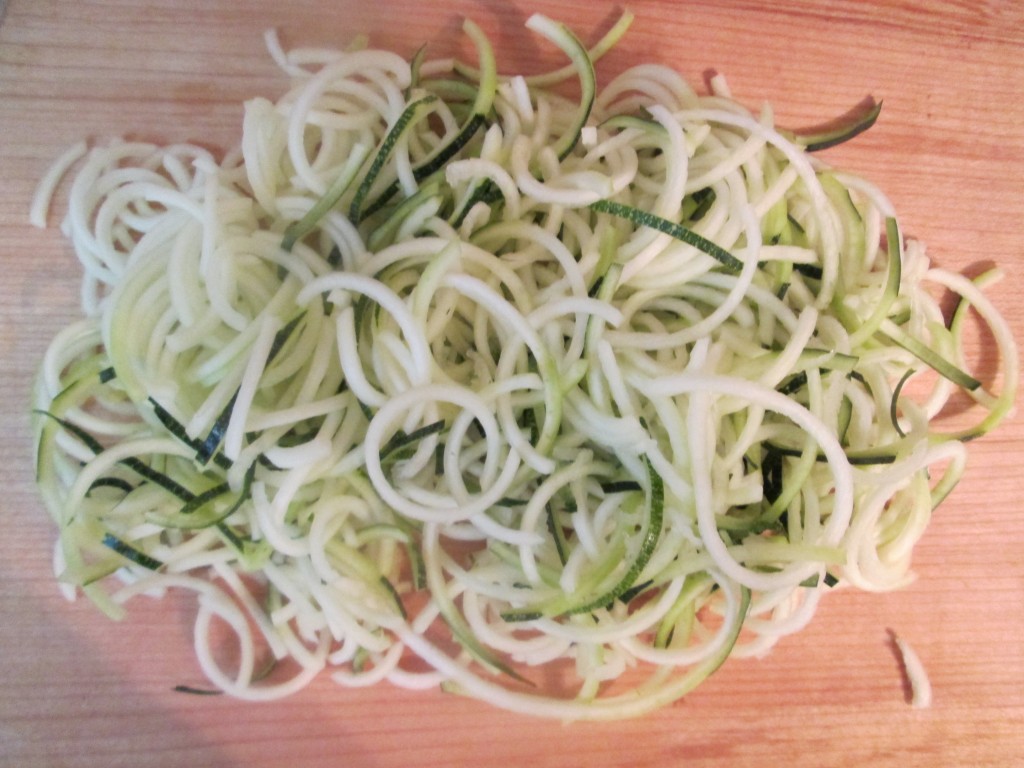 Pesto Vegetables with Black Beans and Rice - chop spiralized zucchini