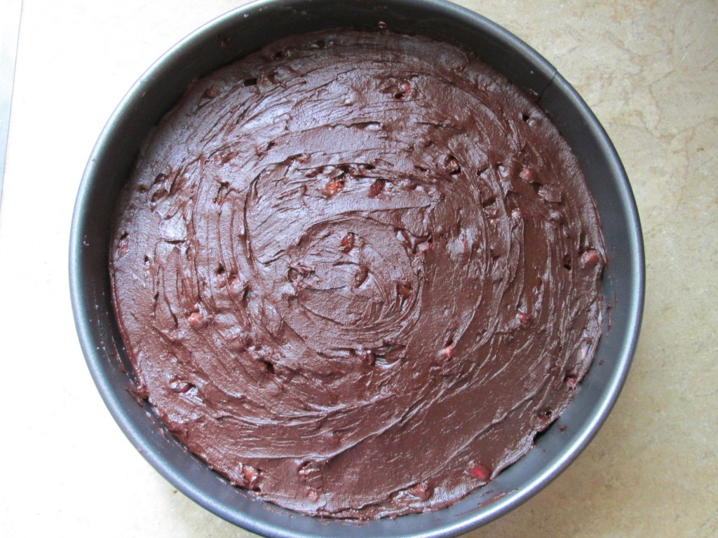 Pomegranate and Chocolate Coconut Cream Cake - cake in pan