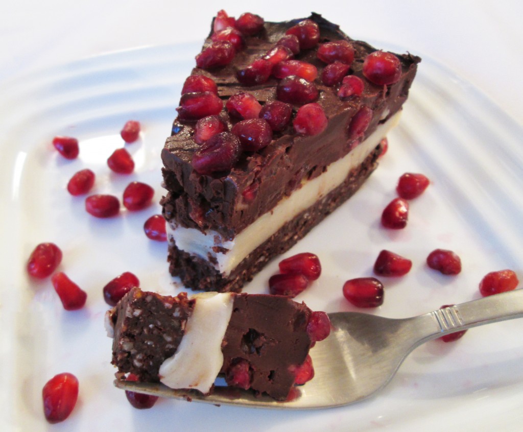 Pomegranate and Chocolate Coconut Cream Cake Recipe slice 