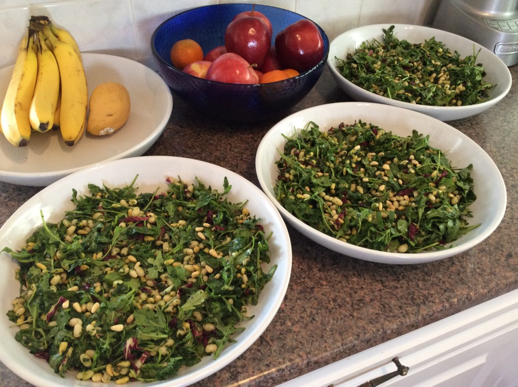 white beans and pine nuts with kale and arugula salad 