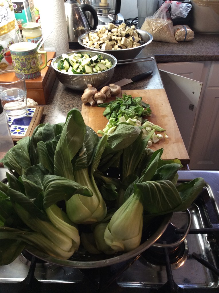  chopping veg for Eggplant Zucchini Green Curry with Quinoa
