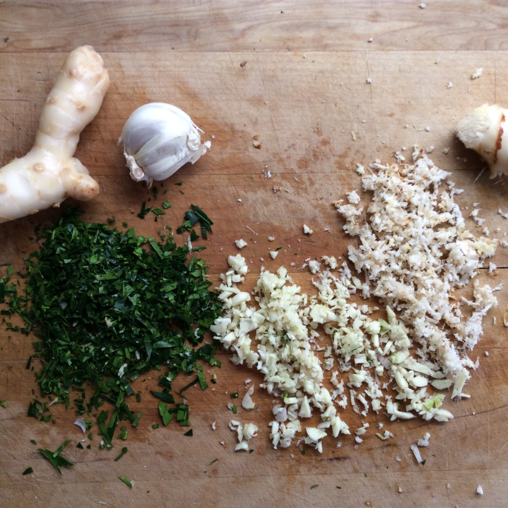 Zucchini Eggplant Green Curry Recipe with Quinoa - 3 galangal, lime leaves and garlic chopped