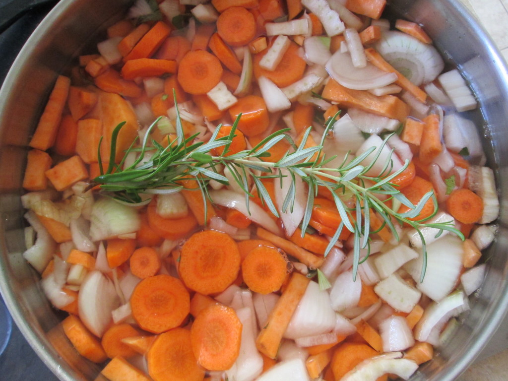 Cream of Carrot Fennel and Rosemary Soup Recipe - 1 vegetables in pot