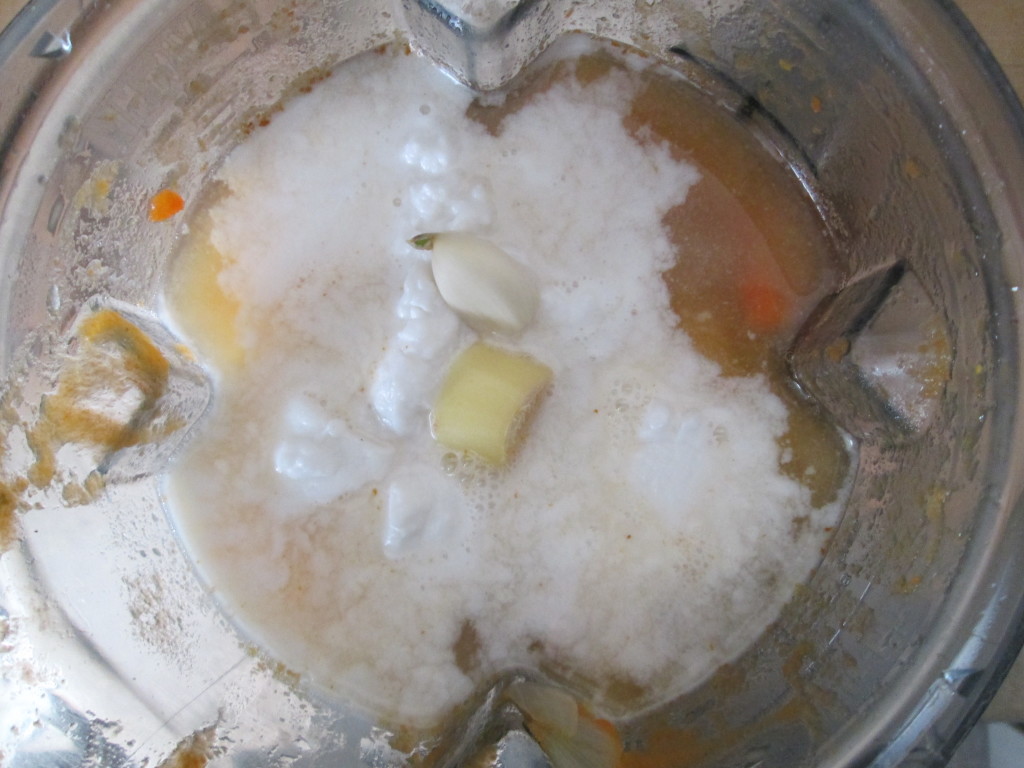 Cream of Carrot Fennel and Rosemary Soup Recipe - 3 vegetables in blender with coconut garlic ginger